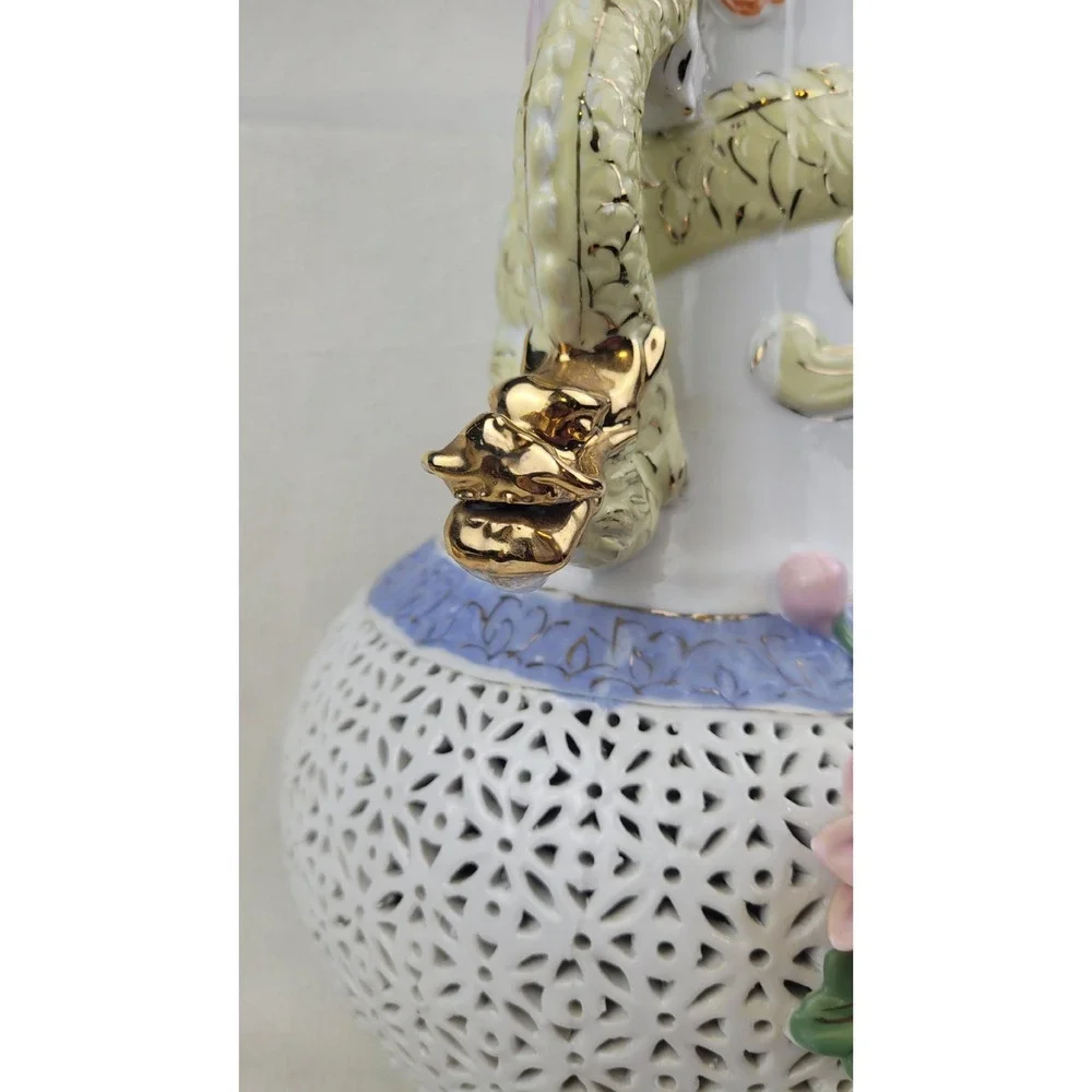 Vintage Large Porcelain Dragon Handle Reticulated Floral Vase Gold‎ Gilt 17 Inch